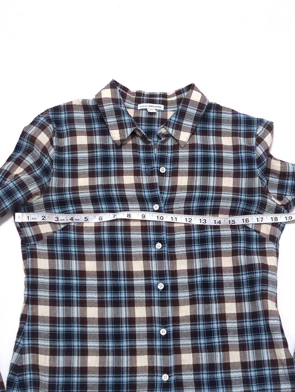 Standard James Perse Tomboy Plaid Flannel Shirt Blue Brown Size 3 - Picture 10 of 11